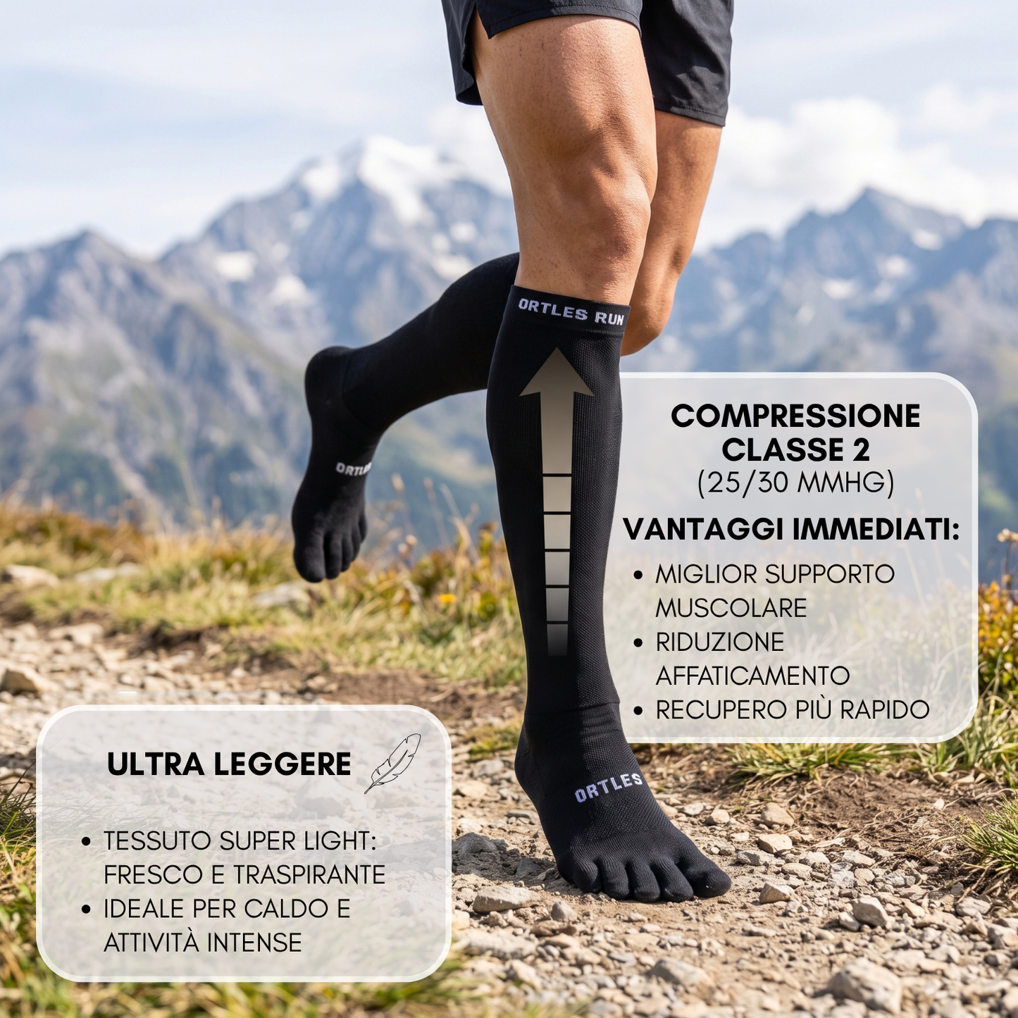 Air Flow Black - Calze compressive alte al ginocchio a 5 dita
